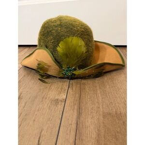 Olive Green Camel Feather Jewel Embellished Wide Brim Hat vintage church derby
